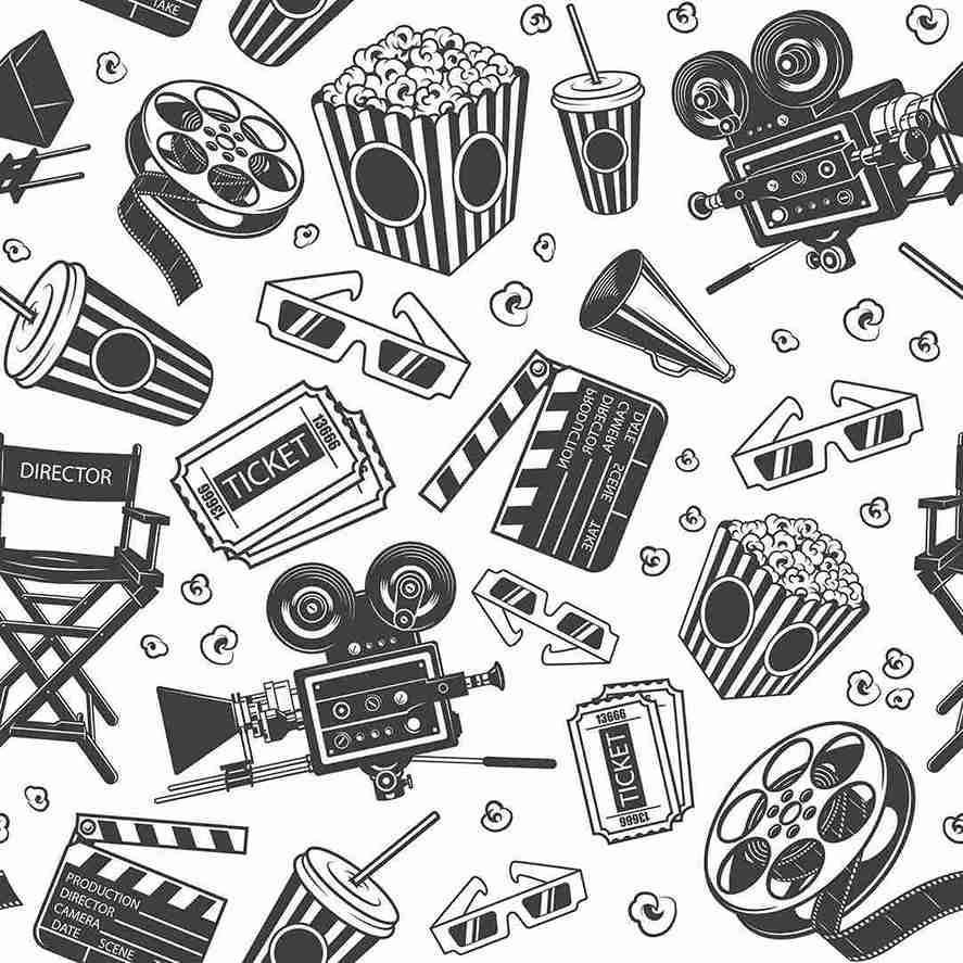Cinema themed doodle pattern with popcorn, film reel, movie camera, tickets and 3D glasses