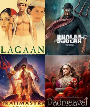 Bollywood movie posters collage featuring Lagaan Bholaa Brahmastra and Padmaavat
