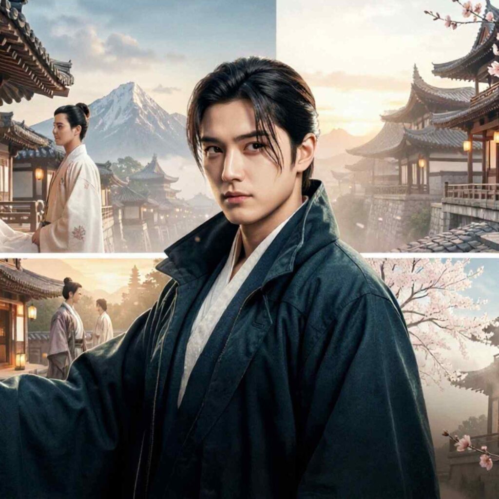 Cinematic collage of characters in traditional and modern Asian drama settings featuring cherry blossoms and historic architecture.