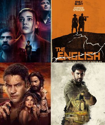 A dramatic collage of character portraits from various crime and mystery web series, featuring intense facial expressions and dark, moody lighting.