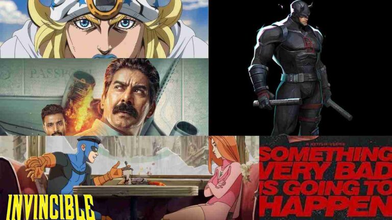 Collage of upcoming web series releasing mid-March 2026: Kasaragod Embassy, Daredevil: Born Again (Season 2), JoJo’s Bizarre Adventure: Steel Ball Run, Invincible (Season 4), and Something Very Bad Is Going To Happen