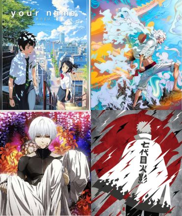 A 2x2 grid of iconic anime posters including "Your Name," Luffy from "One Piece," Ken Kaneki from "Tokyo Ghoul," and Naruto Uzumaki.