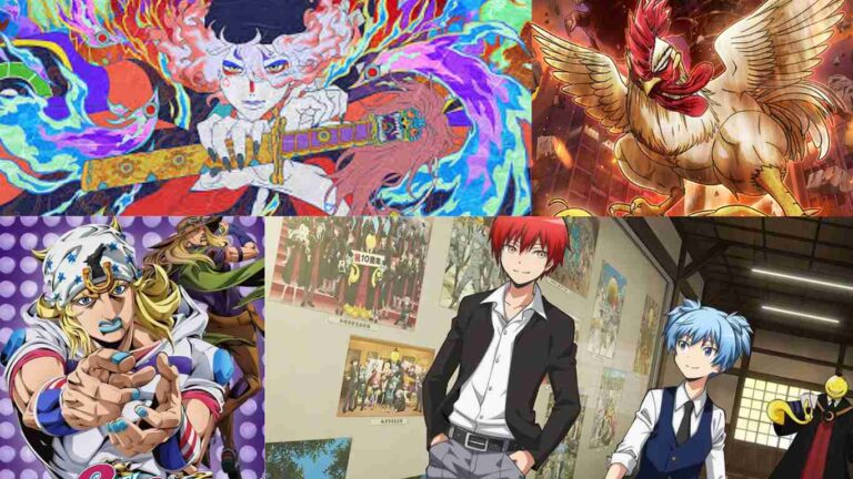 Collage of upcoming anime releasing mid-March 2026 including Rooster Fighter, JoJo’s Bizarre Adventure: Steel Ball Run, Mononoke the Movie: Hebigami, and Assassination Classroom: Minna no Jikan