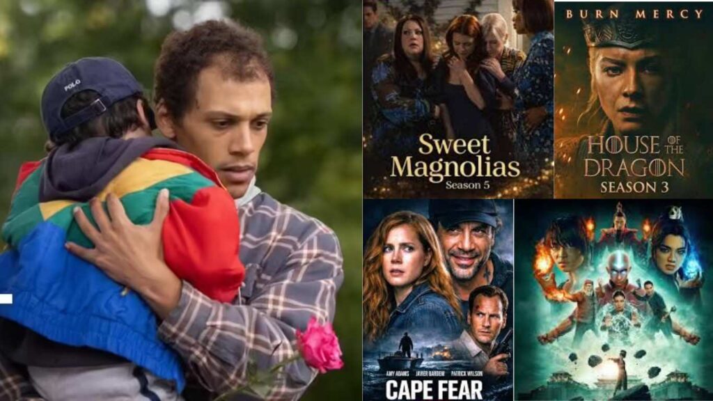Streaming web series posters including House of the Dragon Season 3, Avatar: The Last Airbender Season 2, Cape Fear, and Sweet Magnolias Season 5 alongside an emotional drama still.