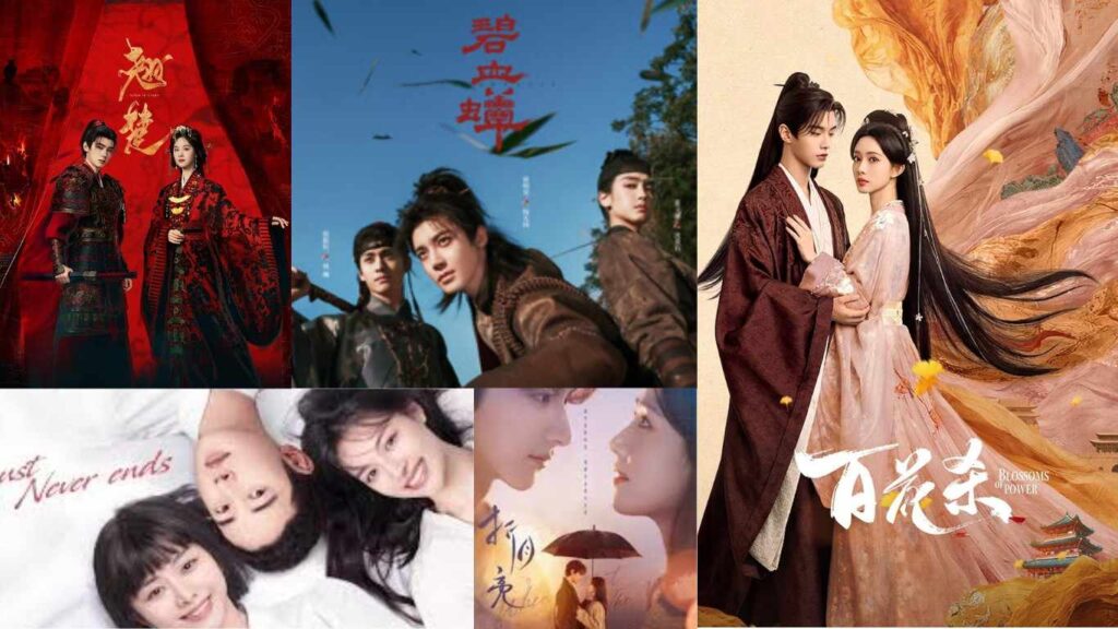 Collage of upcoming Chinese dramas featuring historical romance scenes from Blossoms of Power, Ashes to Crown, and modern visuals from When I Meet the Moon.