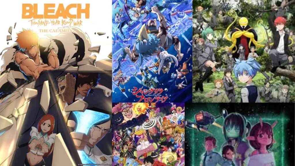 Anime collage highlighting key visuals from Bleach: Thousand-Year Blood War The Calamity, Shangri-La Frontier Season 2, Assassination Classroom, and Milky Subway.
